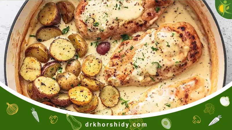 مرغ و سیبزمینی آبپز با سس سبزیجات