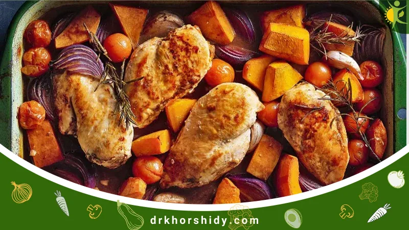 مرغ با سس پستو و کدو