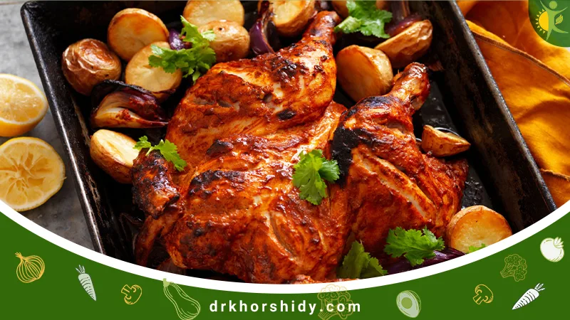 خوراک مرغ و سیبزمینی تنوری با سبزیجات